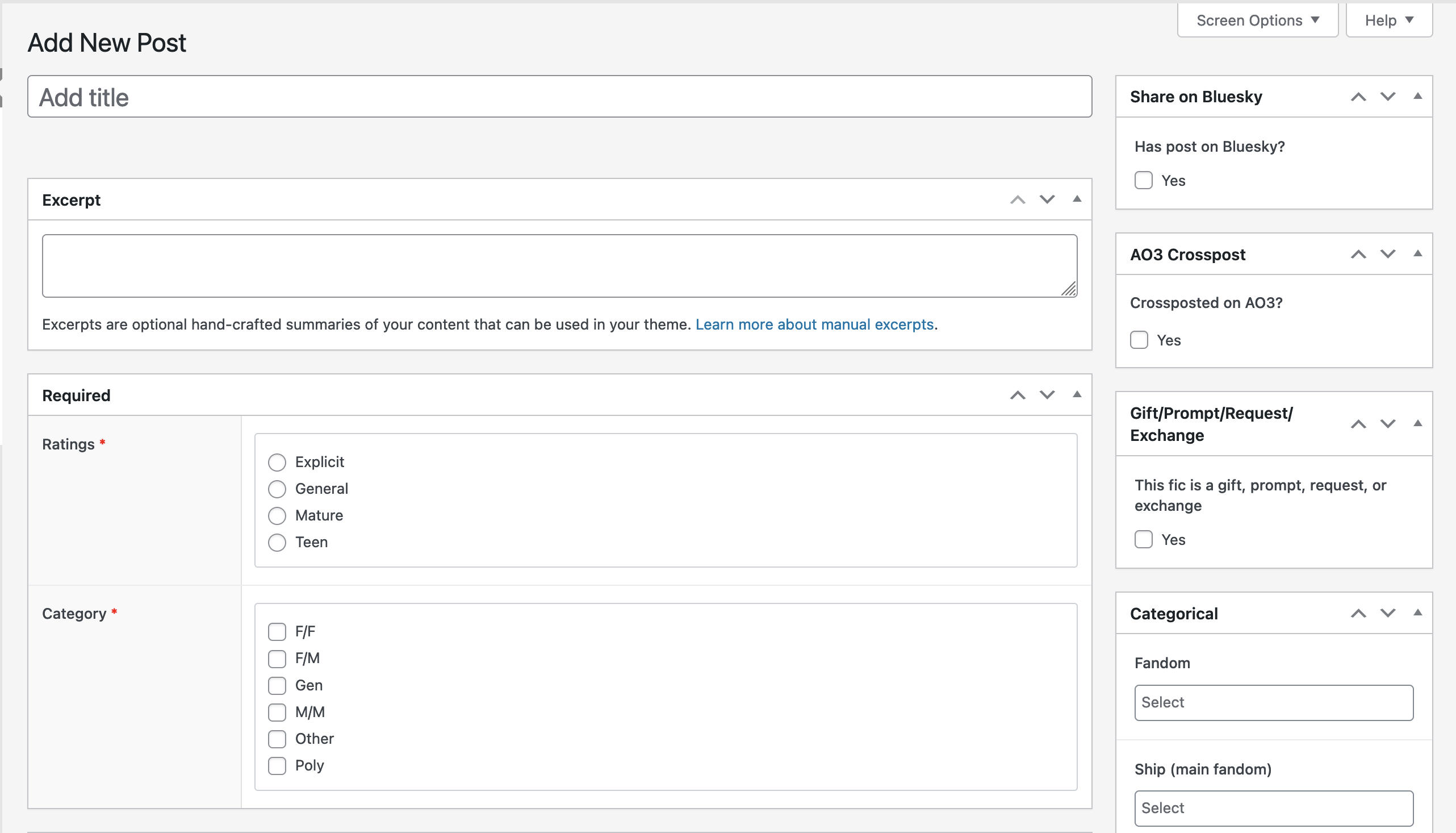 A page called "Add New Post" divided into two columns, the left side being significantly larger. Under "Add New Post" under the left column is an "Excerpt", "Required" with "Ratings" and "Category." The right column has fields called "Share on Bluesky", "AO3 crosspost", "Gift/Prompt/Request/Exchange", and "Categorical" with the options "Fandom" and "Ship (main fandom)."